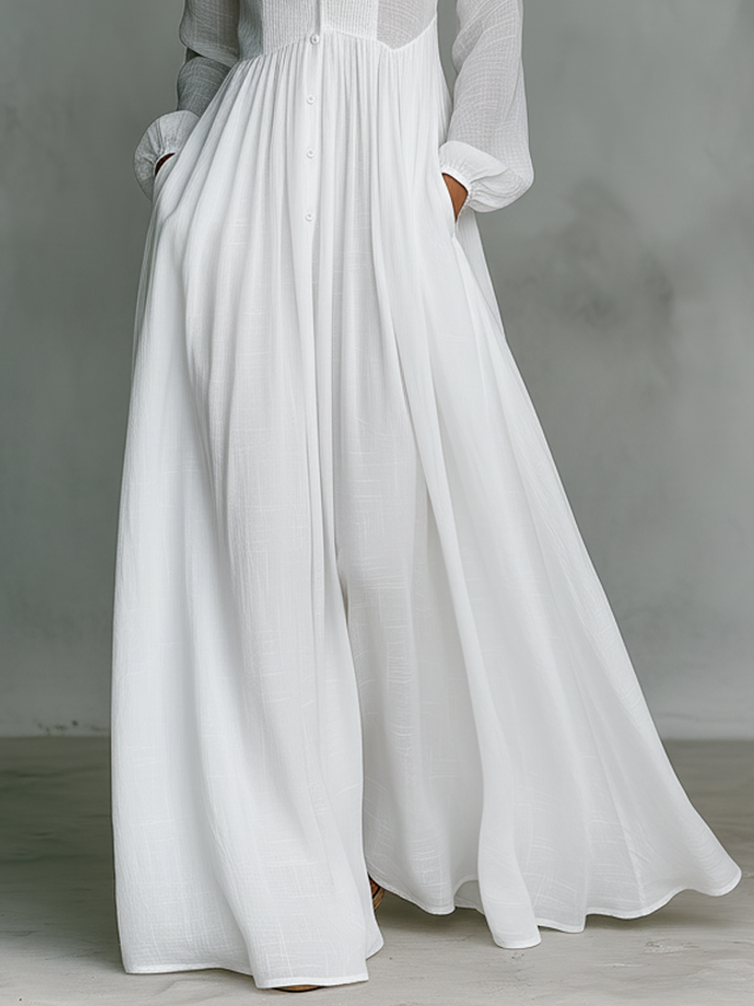 Vestido maxi patchwork de lino con cuello alto
