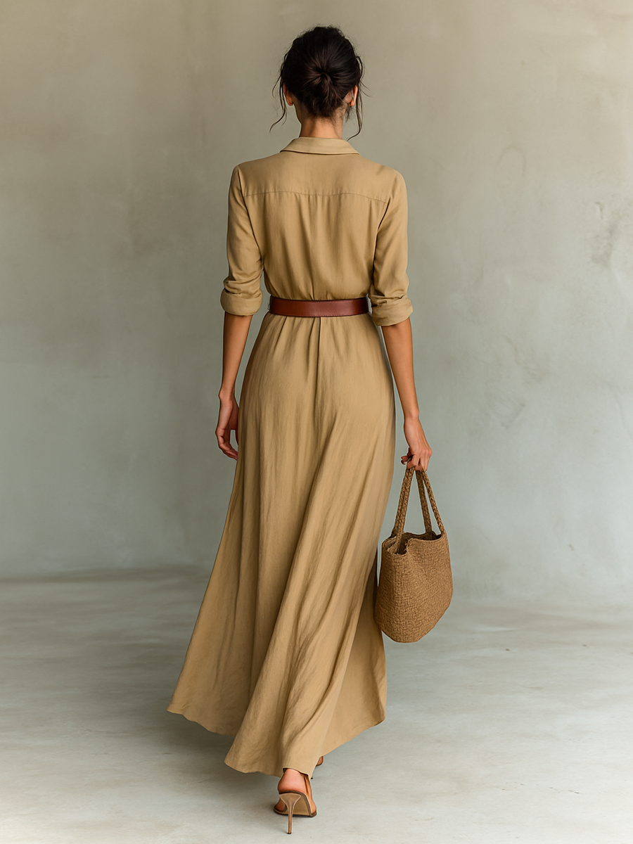 Vestido maxi con cuello tipo solapa y mangas largas