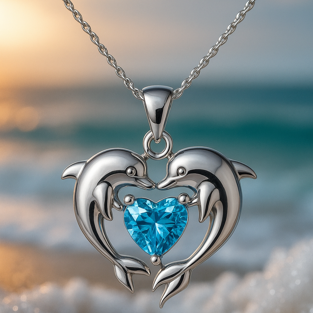 Collana d'argento senza tempo con due delfini e un opale