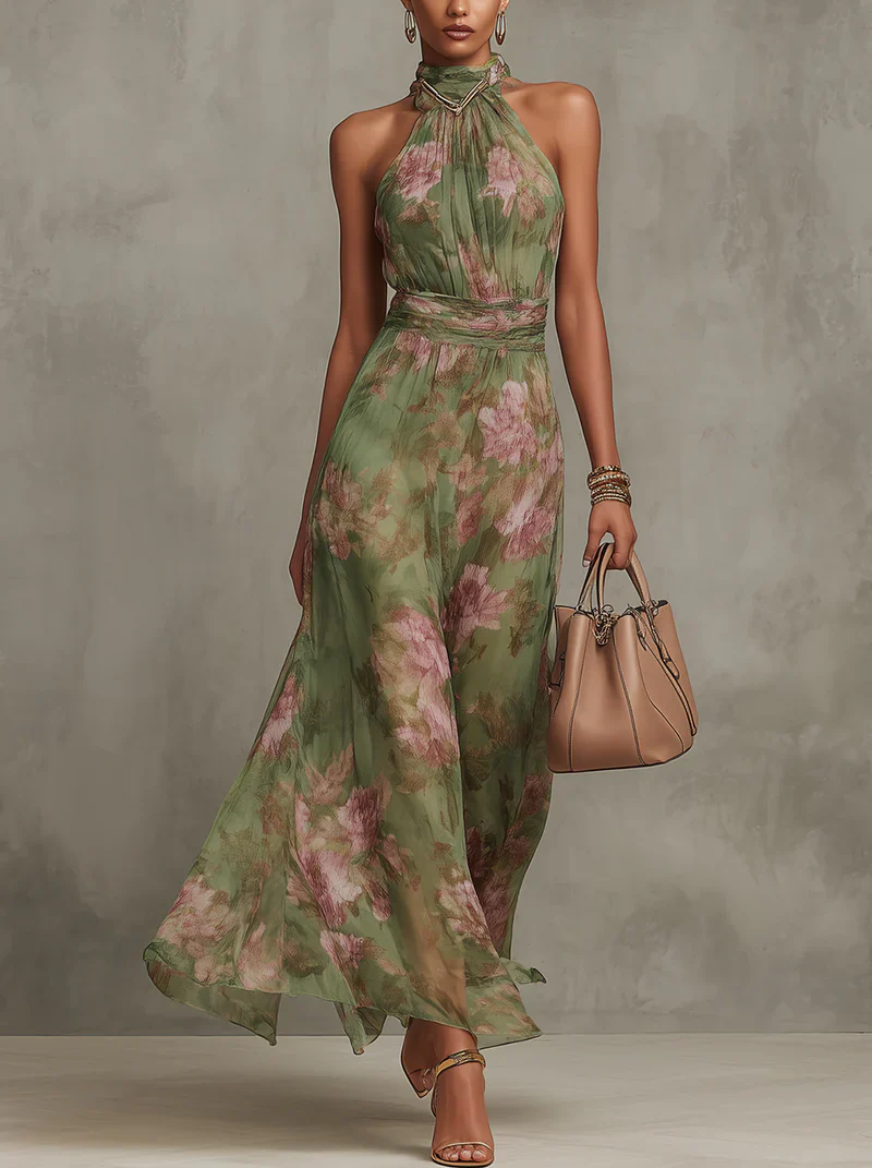 Marta | Vestito lungo floreale in chiffon con scollo a halter
