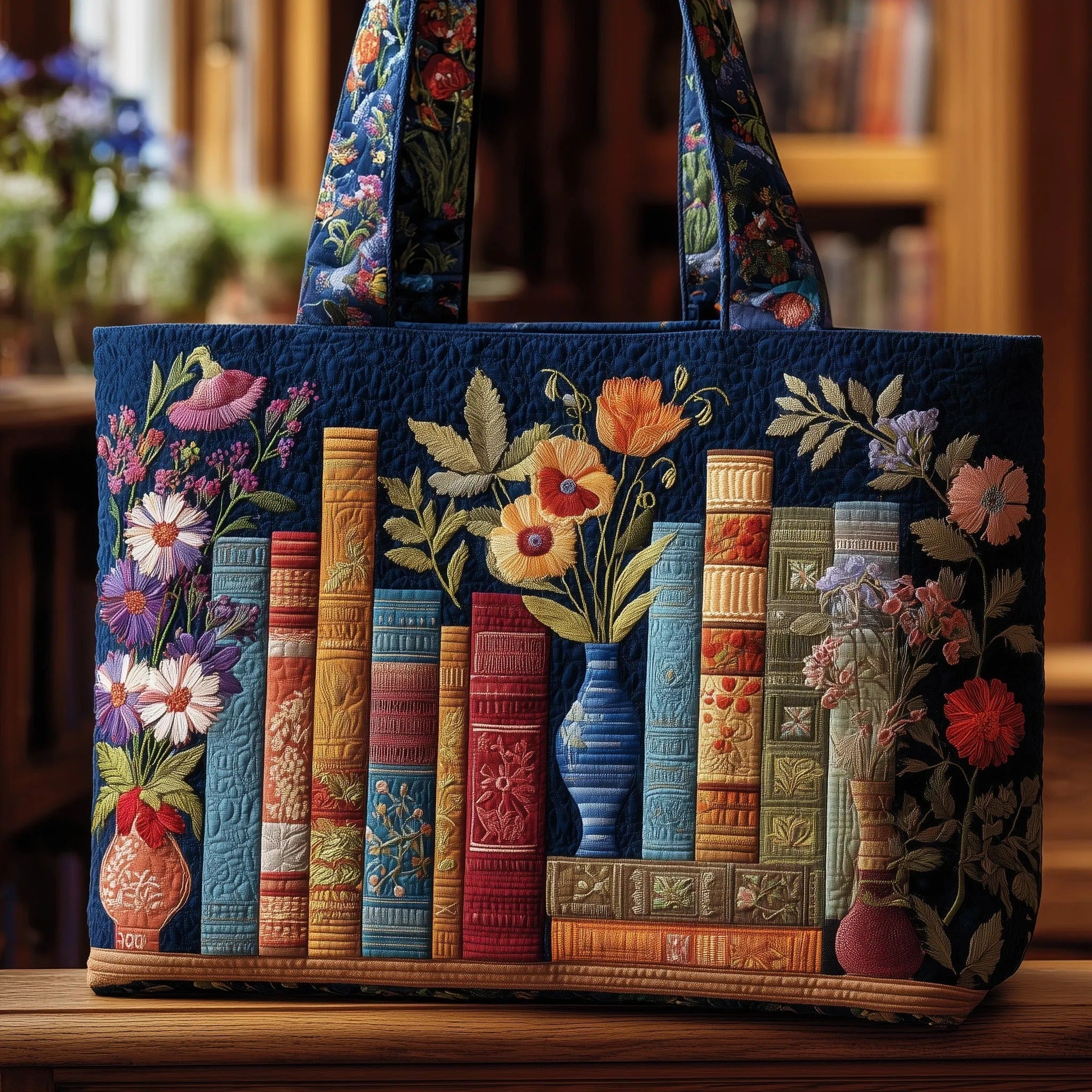 Bolsa hecha a mano - Biblioteca con flores
