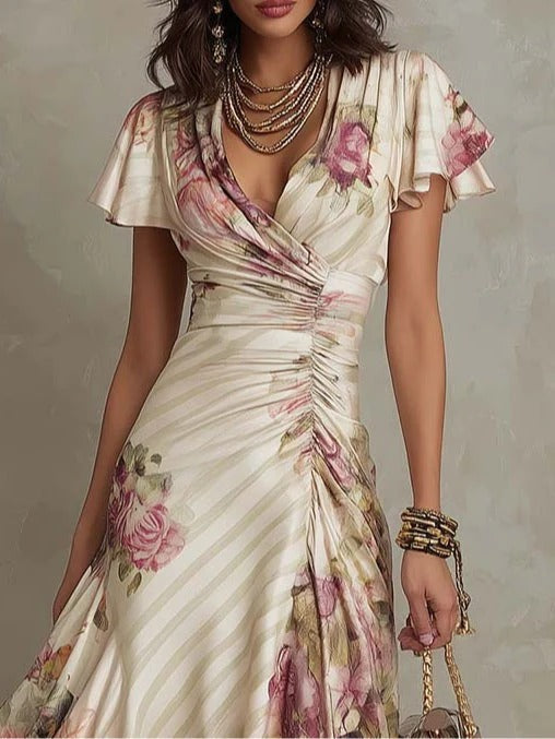 Alba | Abito midi satinato floreale elegante stile retrò