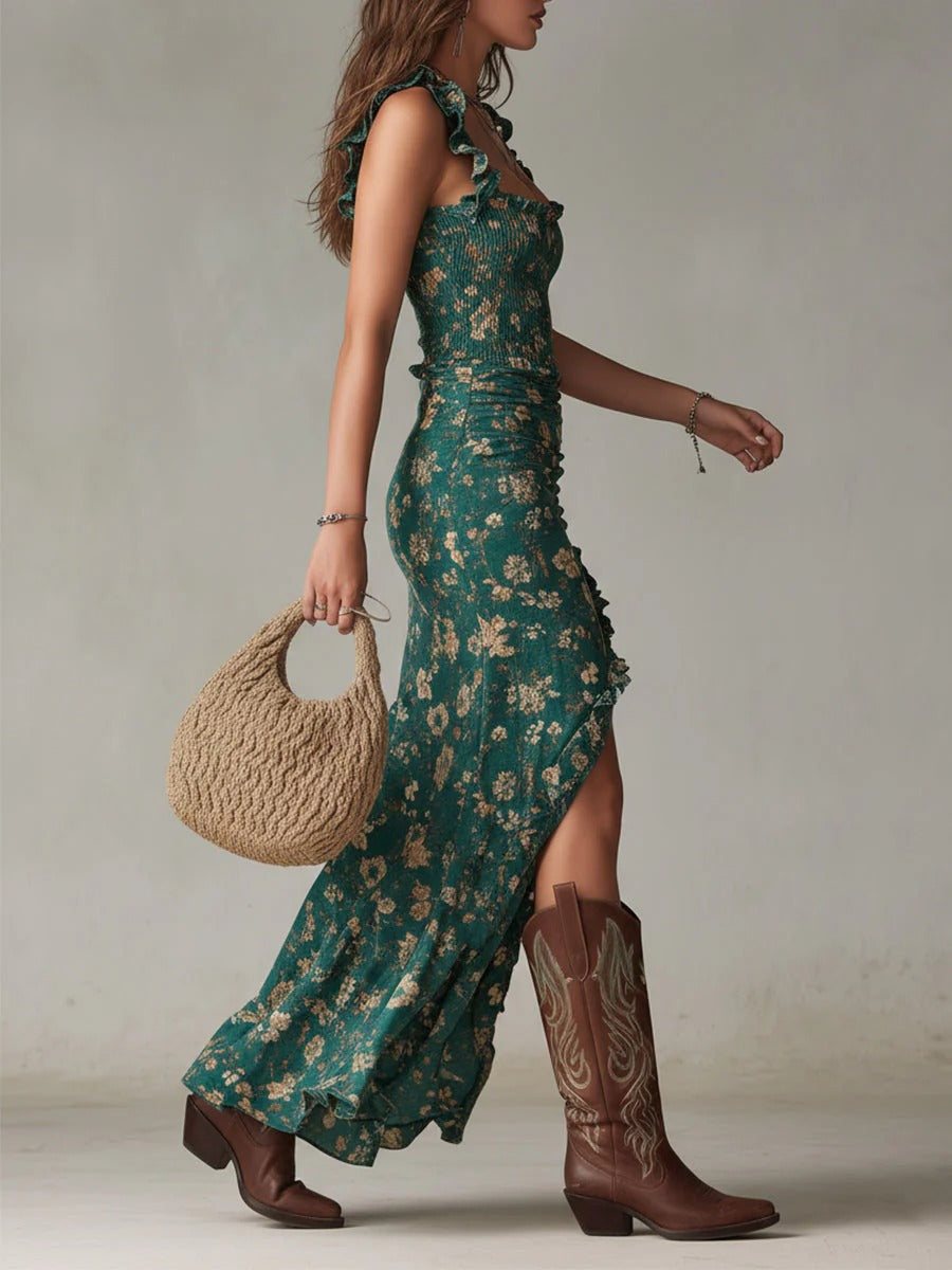 Zara | Vestido maxi bohemio retró con mangas fluidas y abertura lateral
