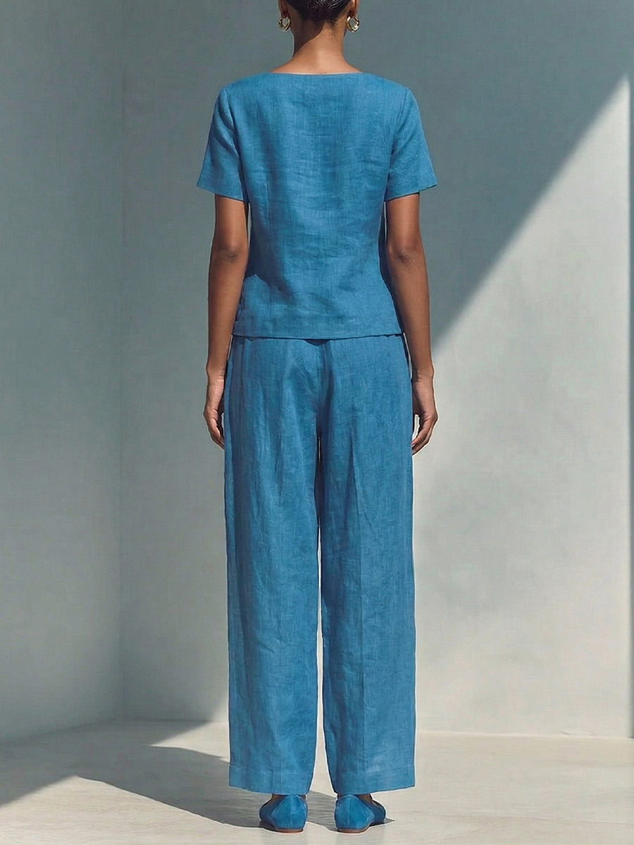Natalia | Completo in lino e cotone con top a maniche corte e pantaloni larghi