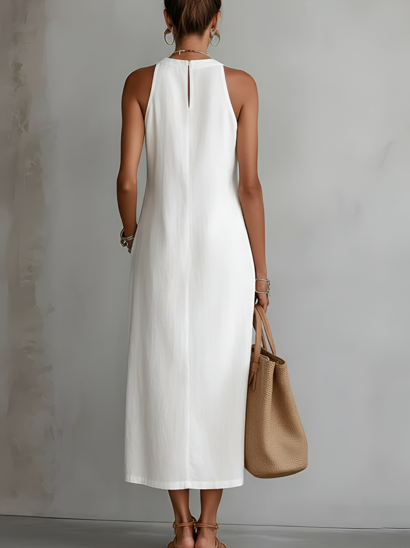 Jimena | Abito midi in lino con collo Mao