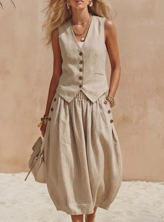 Alicia | Completo in lino e cotone con gilet attillato e gonna midi fluida