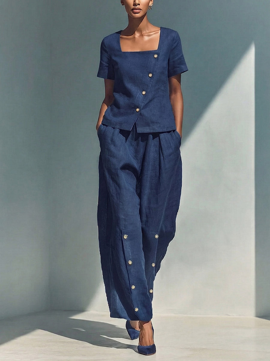 Natalia | Completo in lino e cotone con top a maniche corte e pantaloni larghi