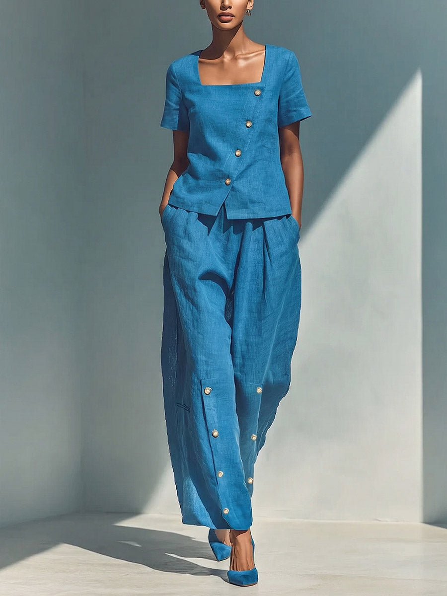 Natalia | Completo in lino e cotone con top a maniche corte e pantaloni larghi
