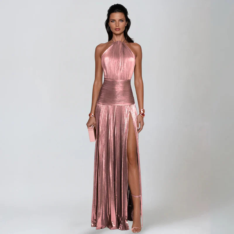 Emma | Vestido halter de espalda descubierta metalizado