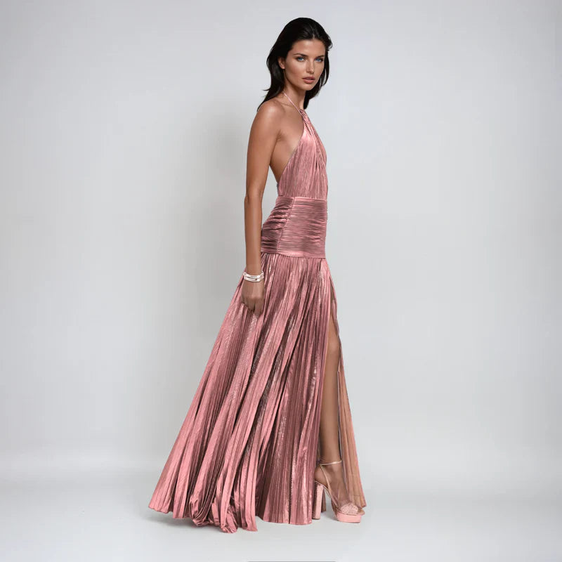 Emma | Vestido halter de espalda descubierta metalizado